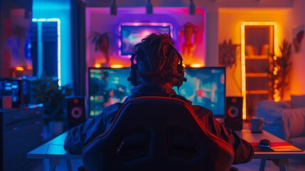 A screenshot of a professional gamer playing a first-person shooter online video game on his computer. The room is lit with neon lights in retro arcade style. The game is part of an online cyber