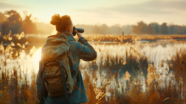 Birdwatching Bliss: Serene Photo Realistic Image of Man with Binoculars Capturing Patience  Detail in Nature Reserve