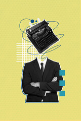 Creative collage sketch banner business person with type writer face cross hands over bright...