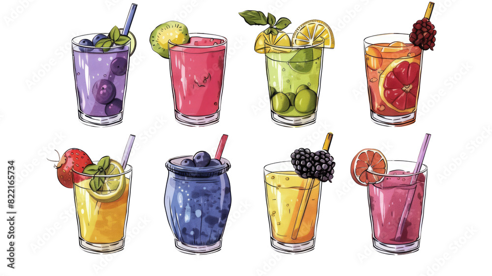 Sticker set of healthy superfood smoothies in glass isolated on white or transparent png - Stickers