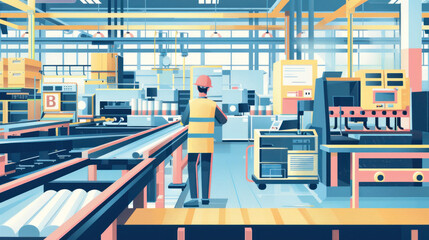 Naklejka premium Engineer standing on a factory floor, surrounded by running machines and conveyor belts, supervising production and ensuring adherence to quality standards.