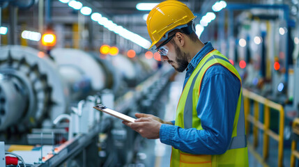Engineer with a clipboard and tablet, inspecting production lines in a modern factory setting, highlighting diligence and technical expertise.