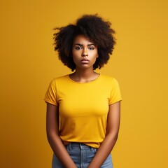 Yellow background sad black independent powerful Woman. Portrait of young beautiful bad mood expression girl Isolated on Background racism skin color depression anxiety fear burn out health issue 