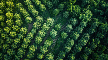 From above, a mesmerizing view of a reforestation project with neat rows of newly planted trees, symbolizing hope for ecological restoration and green progress.