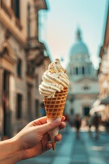 close up of ice cream in hand. Selective focus