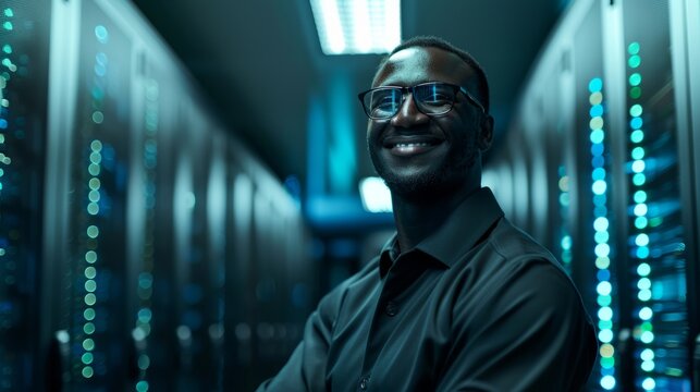 He is smiling as he stands in the middle of a server rack corridor.