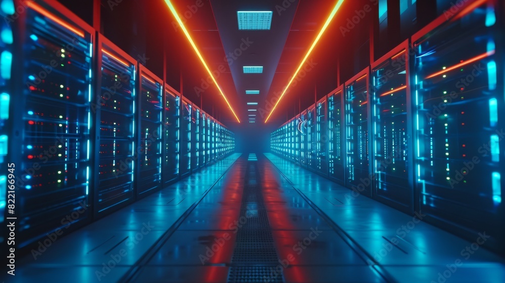 Poster here is a view of a working data center with rows of rack servers. the led lights are blinking and t
