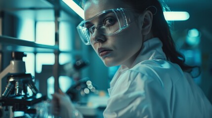 Female researcher working in modern pharmaceutical laboratory wearing protective glasses and using medical analyzing equipment.