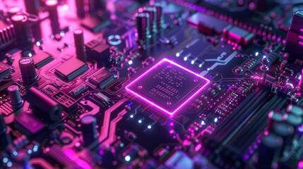 Fototapeta premium Using Purpule Neon Lights and Laser Technology, Automated Robotic Industrial Equipment tests electronic printed circuit boards after they've been assembled.