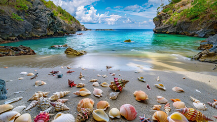 a peaceful cove with a pristine sandy beach and colorful seashells scattered along the shore