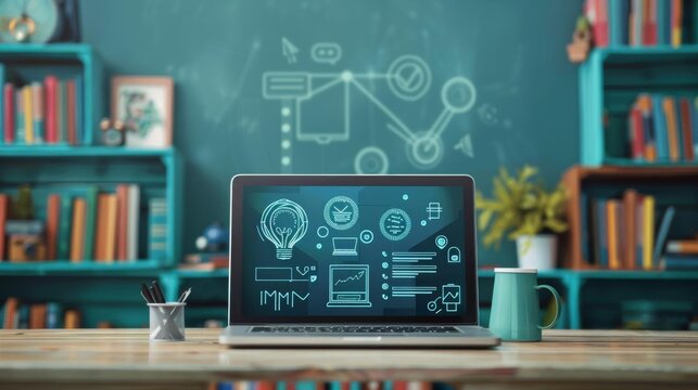 Online education webinar on laptop screen, showcasing virtual learning and remote teaching technology