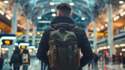 A Man. Handsome young man carries a backpack at the airport. Waiting to board the plane, walked past