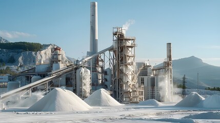 A large cement factory with an outdoor scene of the production line and various equipment, surrounded by white sand piles in front of it.
