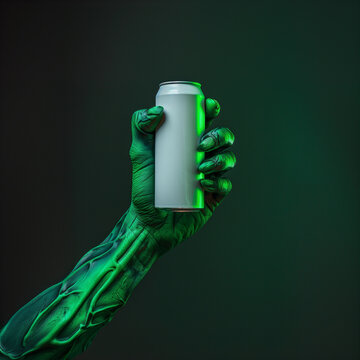 Spooky green zombie hand holding a blank white tin drink can POD mockup Halloween design for beer soda spritz alcohol cold drink cool modern creepy horror undead monster fun creative marketing concept