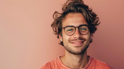 Fototapeta premium Young attractive man with a wonderful smile wearing fashionable spectacles against a neutral background with enough of copy space. generative