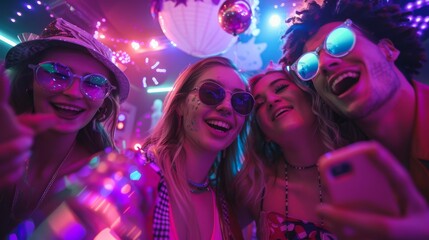 Taking a collective selfie at the Wild House Party. The party has neon lights, a disco ball, and funny costumes.