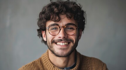 Obraz premium Young attractive man with a wonderful smile wearing fashionable spectacles against a neutral background with enough of copy space. generative