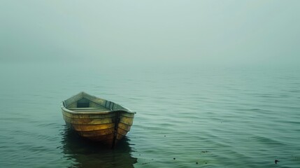 Small wooden boat sits alone on calm water, small wooden boat sits on foggy lake.
