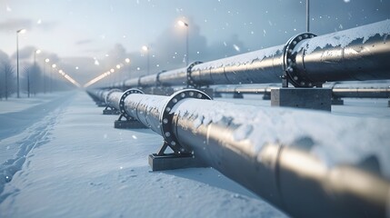 A long line of oil and gas pipes with snow covering the ground, representing energy security during winter.
