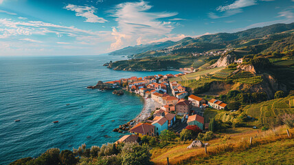 a picturesque coastal village nestled between rolling hills and the azure sea