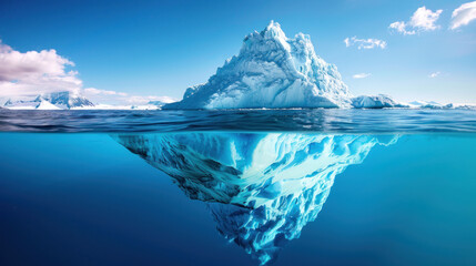 Iceberg melting rapidly in an open water body, a stark image of climate change.