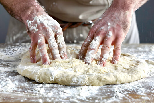 a person's hands kneading homemade pizza dough on a floured surface, preparing to create a delicious and customizable meal