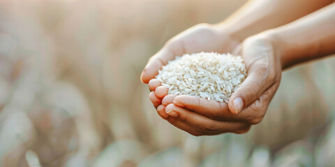 Hands Holding White Rice Grains. Close-up of hands gently holding a pile of white rice grains, symbolizing abundance and care.
