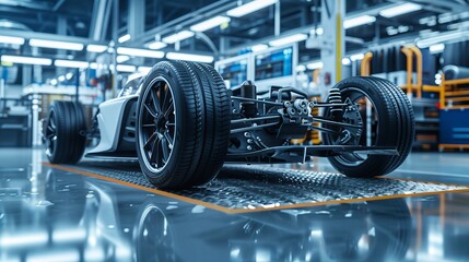Authentic Electric Car Platform Chassis Prototype Standing in Industrial Machinery Design Laboratory. Wheels, Suspension, Engine, Brakes, and Batteries are all housed within the Hybrid Axel Frame.