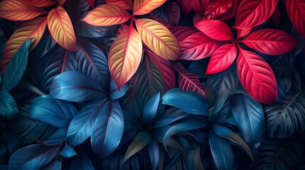 Fototapeta premium colorful tropical leafs background, top view