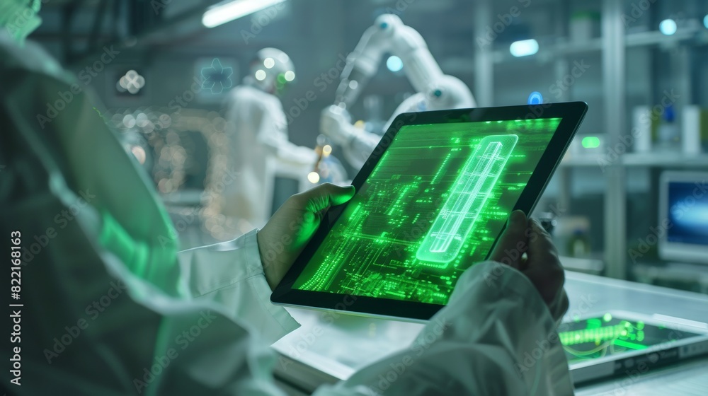 Poster using green mock-up screen, an engineer holds a tablet computer. in the background, a team of indust