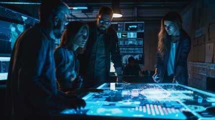 In the monitoring room, a team of government intelligence / FBI agents are seated around a digital touch screen table, tracking suspect vehicles using satellite surveillance.