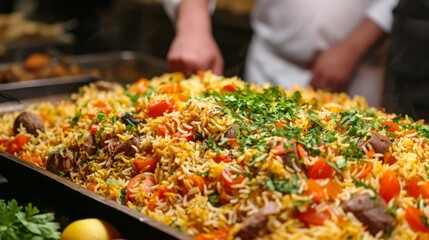 A professional chef in a white uniform garnishing a large, colorful tray of biryani with fresh herbs, surrounded by other ingredients.