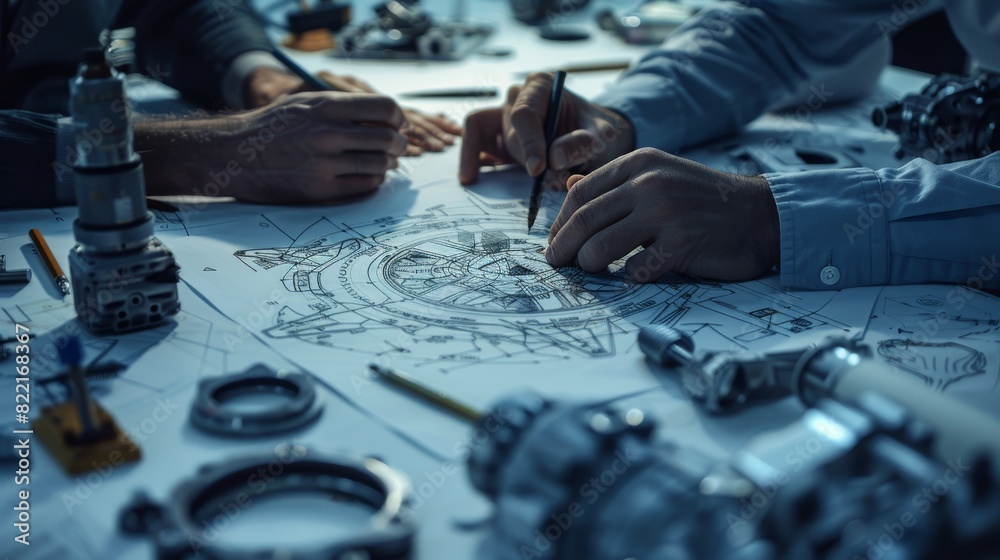 Poster in an industrial engineering facility: close-up of engineers, technicians, and specialists' hands tr