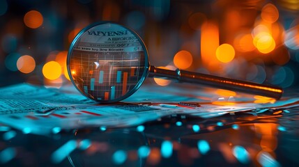 A magnifying glass over newspaper clippings and graphs, representing the idea of enhanced search technology for news content.
