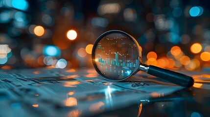 A magnifying glass over newspaper clippings and graphs, representing the idea of enhanced search technology for news content.
