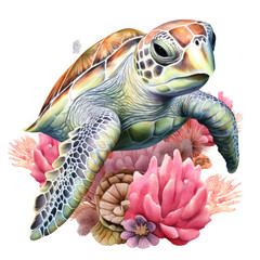 Watercolor Coral Reef Sea Turtle Fish, clipart Illustration, Generative Ai
