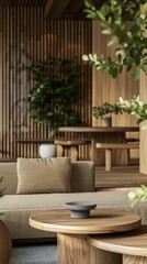 Fototapeta premium Minimalist design dominates the mock-up living room.
