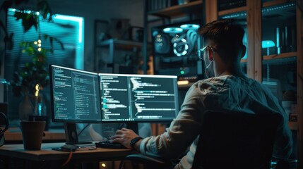 In the background, a technical room of a data center is showing computer screens with software programs with coding language interfaces.