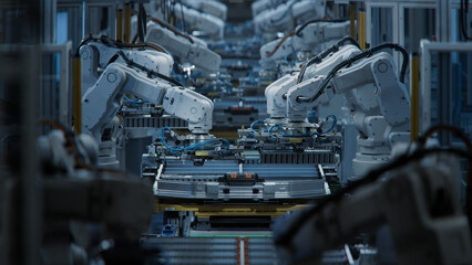 Row of White Robotic Arms at Automated Production Line at Factory. Electric Car Manufacturing Line...