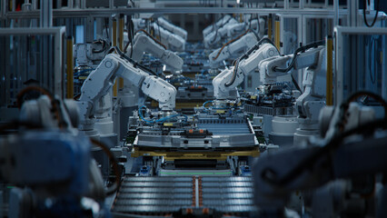 Row of White Robotic Arms at Automated Production Line at Factory. Electric Car Manufacturing Line....