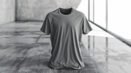 Plain empty gray t-shirt mock-up showcased in high-definition on a minimalist concrete floor.