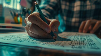Filling up the Answer Sheet with Standardized Tests, marking correct answers with a pencil.