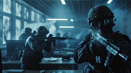 As armed squads of SWAT officers storm an office in darkness with computers and desks, a soldier breaks a glass window with his arm. The team continues to move and cover the area while the soldier