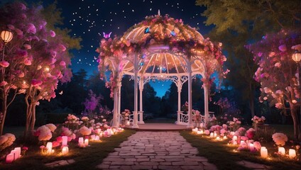A pink and white wedding gazebo is in a garden with pink flowers and candles.

