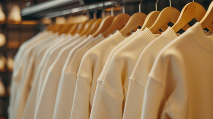 Fototapeta premium Mockup template. Blank ivory sweatshirts hanging on hanger on horizontal rack in cozy clothing store or clothing factory warehouse.