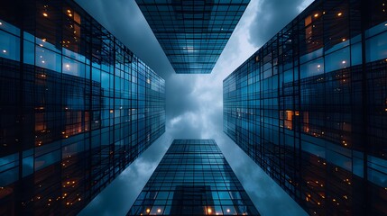A tall office buildings taken from the ground looking up at night, clouds in sky, lights on inside buildings, symmetrical composition, blue tones.
