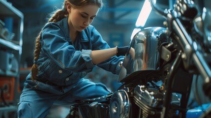 Young Beautiful Female Mechanic Tightening Nut Bolts with a Ratchet Spanner. Creative Authentic Workshop Garage.