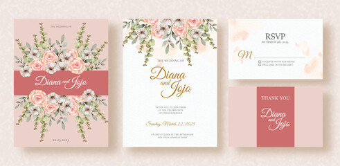beautiful hand painting ornament florals with red ribbon on wedding invitation background