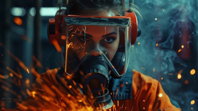 Female Fabricator in Safety Mask Grinding a Metal Object with Hot Sparks Reflecting on her Mask. Empowering Natural Beauty Working in a Workshop.