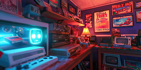Vintage Retro Gaming Den: A cozy gaming area with nostalgic video game consoles, posters, and memorabilia